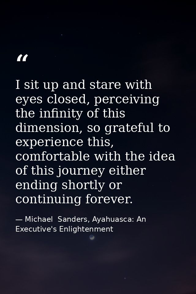 I sit up and stare with eyes closed, perceiving the infinity of this dimension, so grateful to experience this, comforta — Michael  Sanders, Ayahuasca: An Executive's Enlightenment