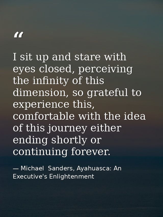 I sit up and stare with eyes closed, perceiving the infinity of this dimension, so grateful to experience this, comforta — Michael  Sanders, Ayahuasca: An Executive's Enlightenment