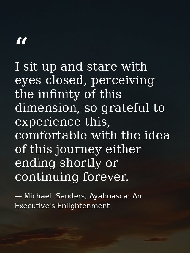 I sit up and stare with eyes closed, perceiving the infinity of this dimension, so grateful to experience this, comforta — Michael  Sanders, Ayahuasca: An Executive's Enlightenment
