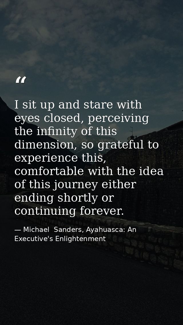 I sit up and stare with eyes closed, perceiving the infinity of this dimension, so grateful to experience this, comforta — Michael  Sanders, Ayahuasca: An Executive's Enlightenment