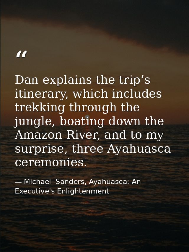 Dan explains the trip’s itinerary, which includes trekking through the jungle, boating down the Amazon River, and to my  — Michael  Sanders, Ayahuasca: An Executive's Enlightenment