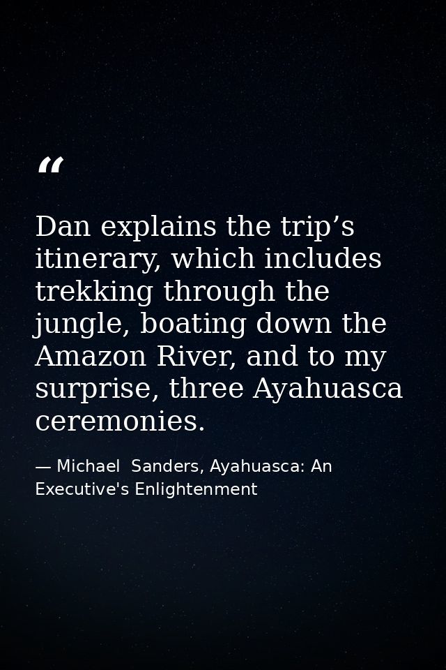 Dan explains the trip’s itinerary, which includes trekking through the jungle, boating down the Amazon River, and to my  — Michael  Sanders, Ayahuasca: An Executive's Enlightenment