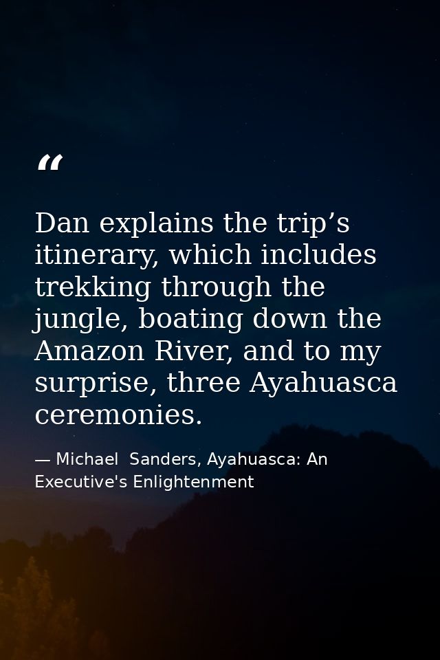 Dan explains the trip’s itinerary, which includes trekking through the jungle, boating down the Amazon River, and to my  — Michael  Sanders, Ayahuasca: An Executive's Enlightenment