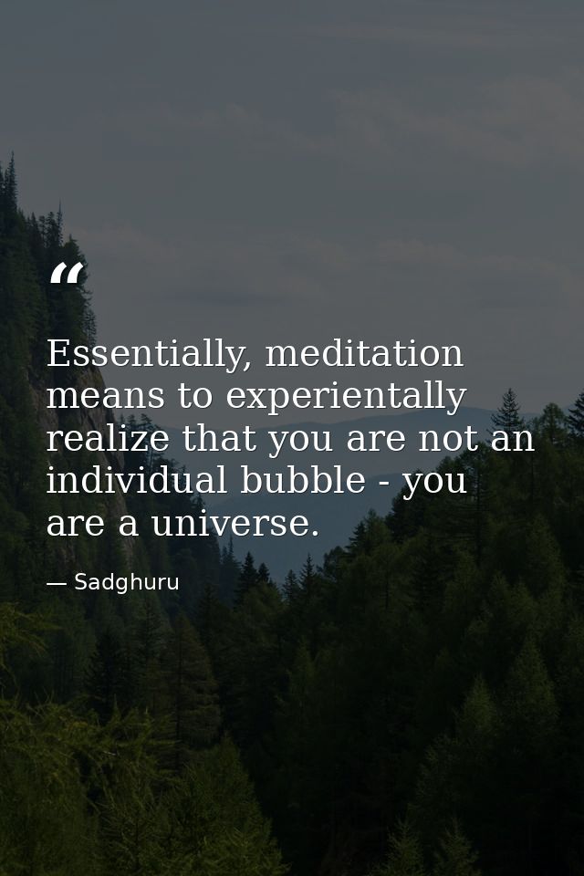 Essentially, meditation means to experientally realize that you are not an individual bubble - you are a universe. — Sadghuru