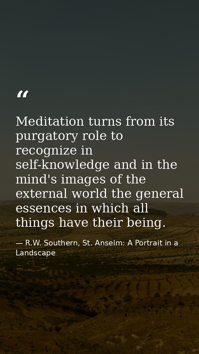Meditation turns from its purgatory role to recognize in self-knowledge and in the mind's images of the external world t — R.W. Southern, St. Anselm: A Portrait in a Landscape