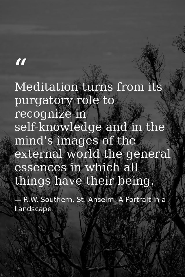 Meditation turns from its purgatory role to recognize in self-knowledge and in the mind's images of the external world t — R.W. Southern, St. Anselm: A Portrait in a Landscape