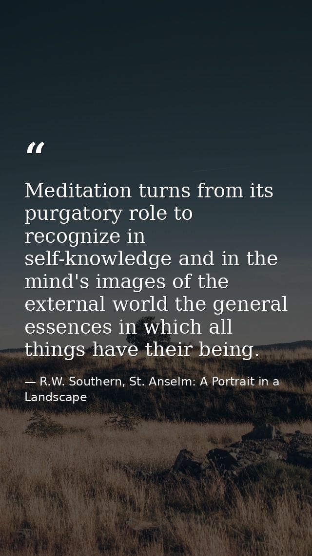 Meditation turns from its purgatory role to recognize in self-knowledge and in the mind's images of the external world t — R.W. Southern, St. Anselm: A Portrait in a Landscape