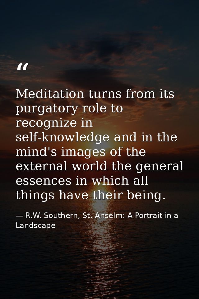 Meditation turns from its purgatory role to recognize in self-knowledge and in the mind's images of the external world t — R.W. Southern, St. Anselm: A Portrait in a Landscape