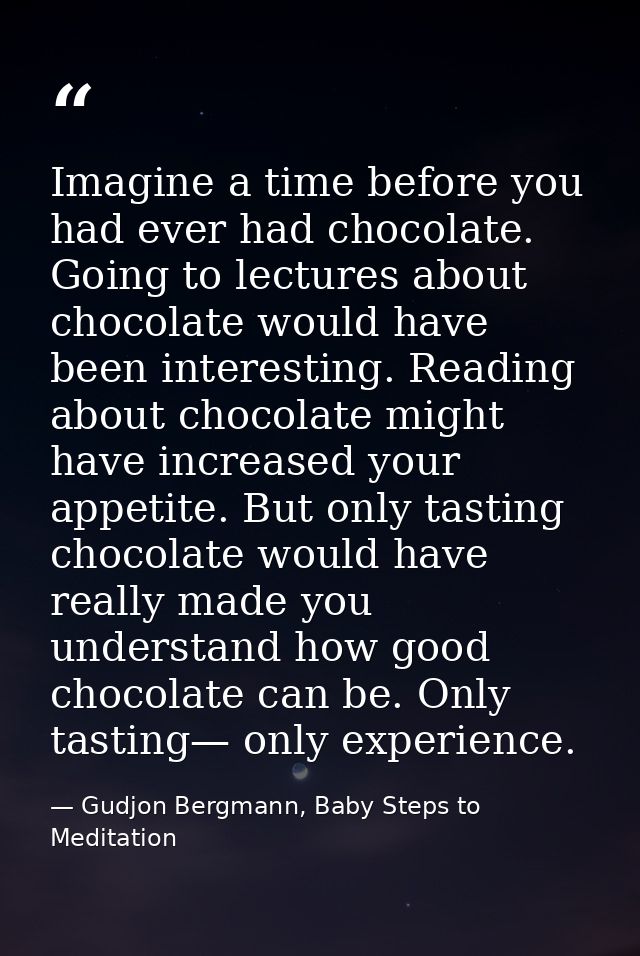 Imagine a time before you had ever had chocolate. Going to lectures about chocolate would have been interesting. Reading — Gudjon Bergmann, Baby Steps to Meditation