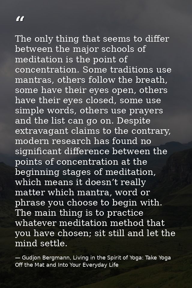 The only thing that seems to differ between the major schools of meditation is the point of concentration. Some traditio — Gudjon Bergmann, Living in the Spirit of Yoga: Take Yoga Off the Mat and Into Your Everyday Life