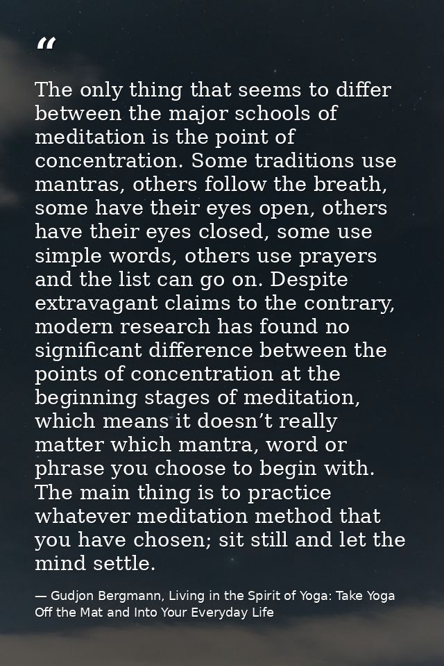 The only thing that seems to differ between the major schools of meditation is the point of concentration. Some traditio — Gudjon Bergmann, Living in the Spirit of Yoga: Take Yoga Off the Mat and Into Your Everyday Life