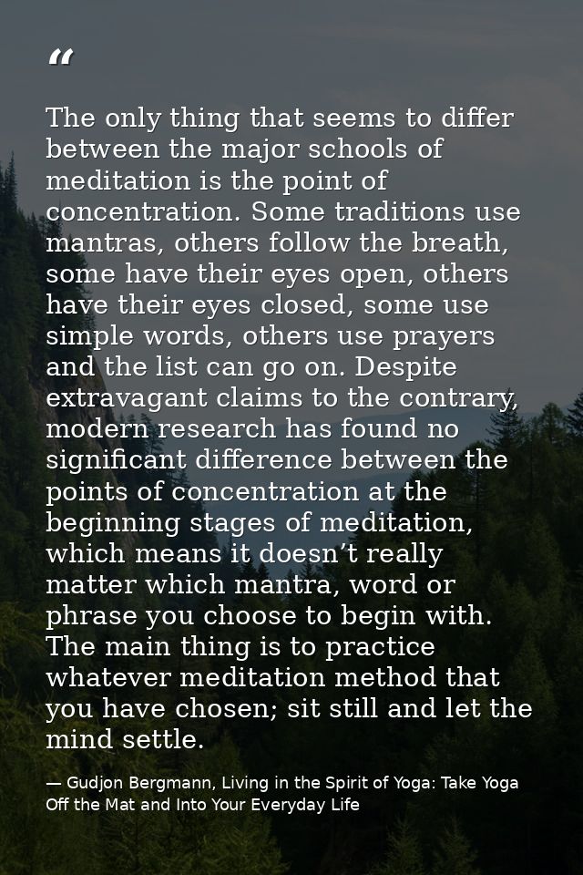 The only thing that seems to differ between the major schools of meditation is the point of concentration. Some traditio — Gudjon Bergmann, Living in the Spirit of Yoga: Take Yoga Off the Mat and Into Your Everyday Life