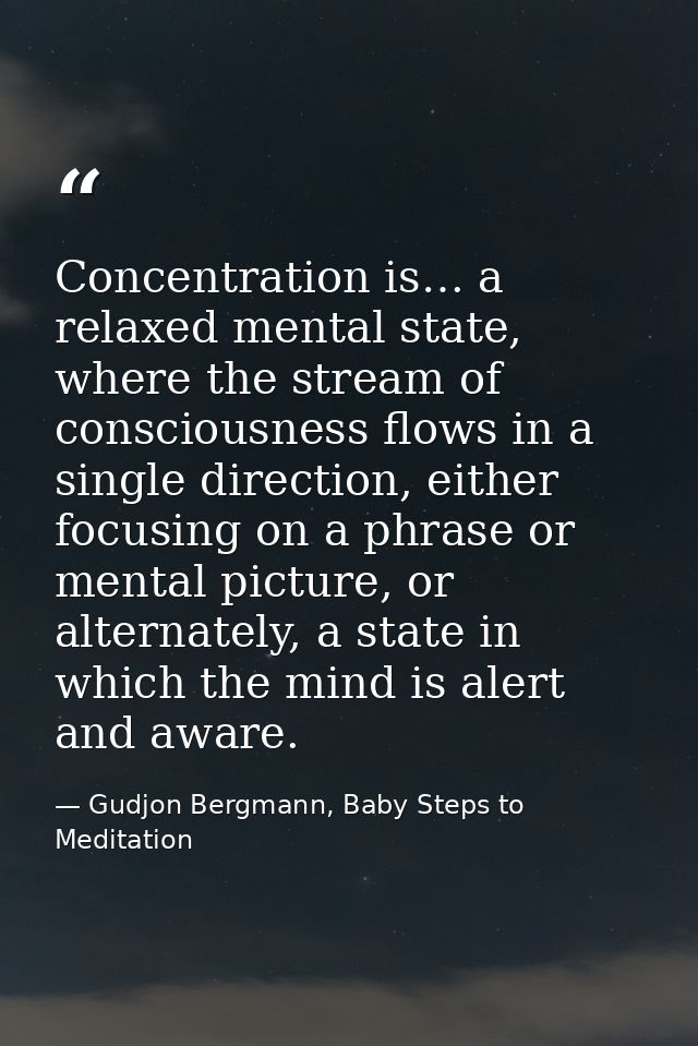 Concentration is… a relaxed mental state, where the stream of consciousness flows in a single direction, either focusing — Gudjon Bergmann, Baby Steps to Meditation