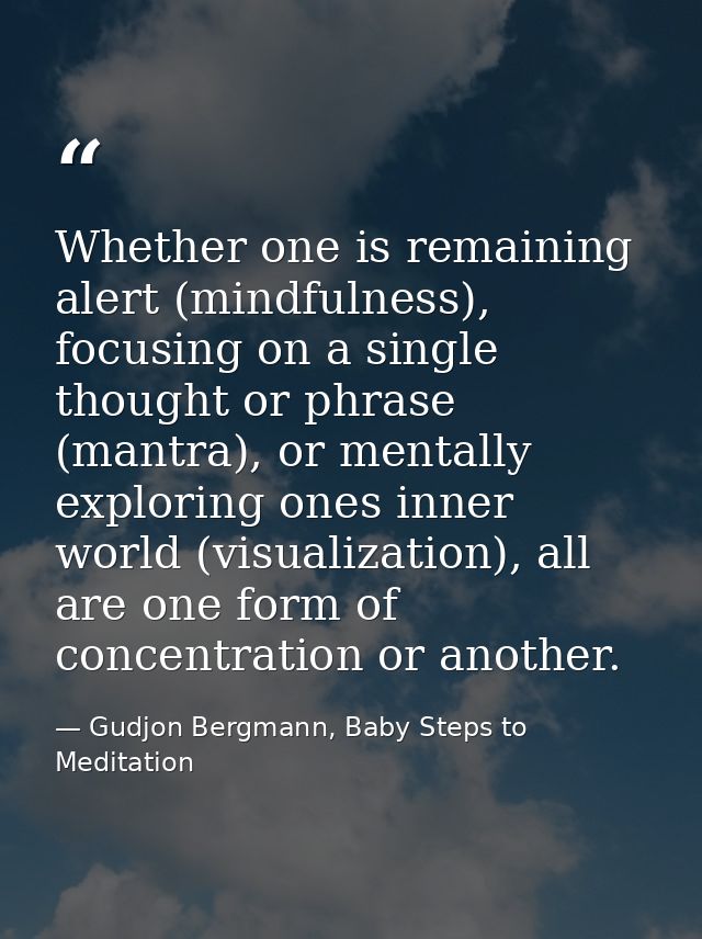 Whether one is remaining alert (mindfulness), focusing on a single thought or phrase (mantra), or mentally exploring one — Gudjon Bergmann, Baby Steps to Meditation