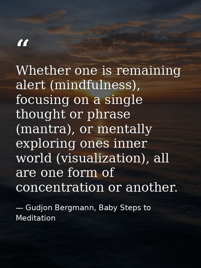 Whether one is remaining alert (mindfulness), focusing on a single thought or phrase (mantra), or mentally exploring one — Gudjon Bergmann, Baby Steps to Meditation