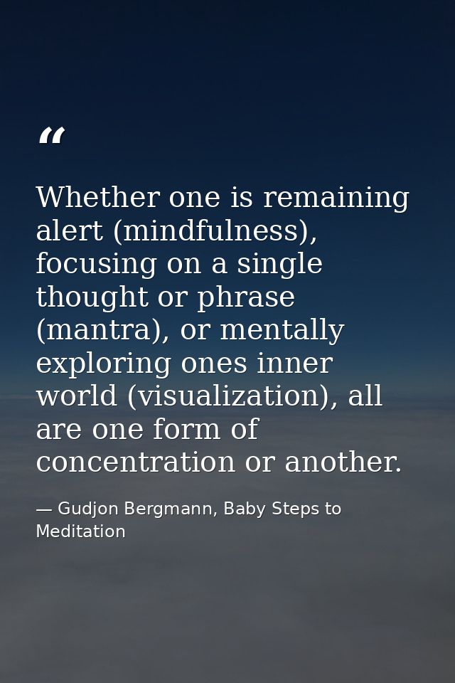Whether one is remaining alert (mindfulness), focusing on a single thought or phrase (mantra), or mentally exploring one — Gudjon Bergmann, Baby Steps to Meditation