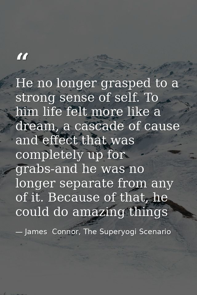 He no longer grasped to a strong sense of self. To him life felt more like a dream, a cascade of cause and effect that w — James  Connor, The Superyogi Scenario