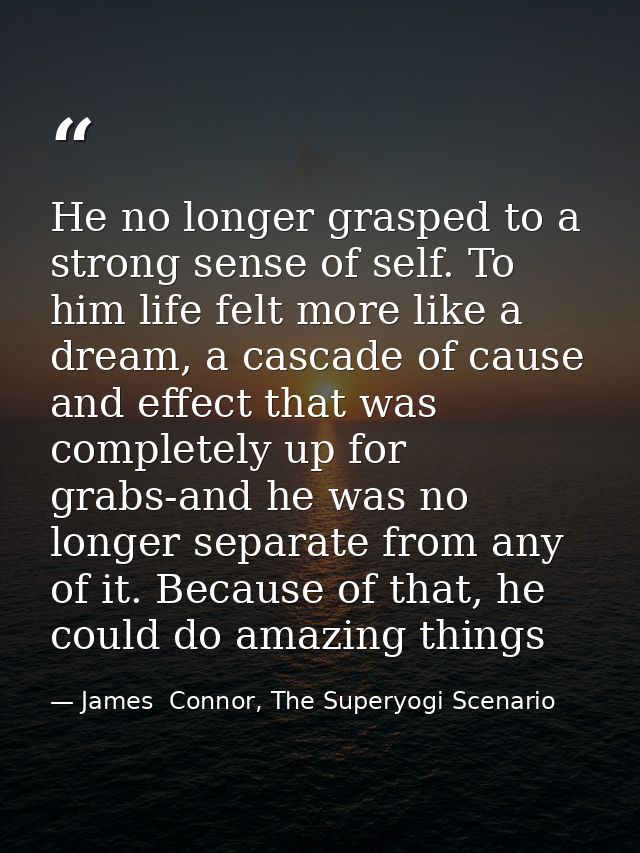 He no longer grasped to a strong sense of self. To him life felt more like a dream, a cascade of cause and effect that w — James  Connor, The Superyogi Scenario