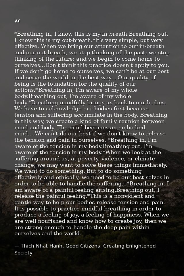 *Breathing in, I know this is my in-breath.Breathing out, I know this is my out-breath.*It's very simple, but very effec — Thich Nhat Hanh, Good Citizens: Creating Enlightened Society