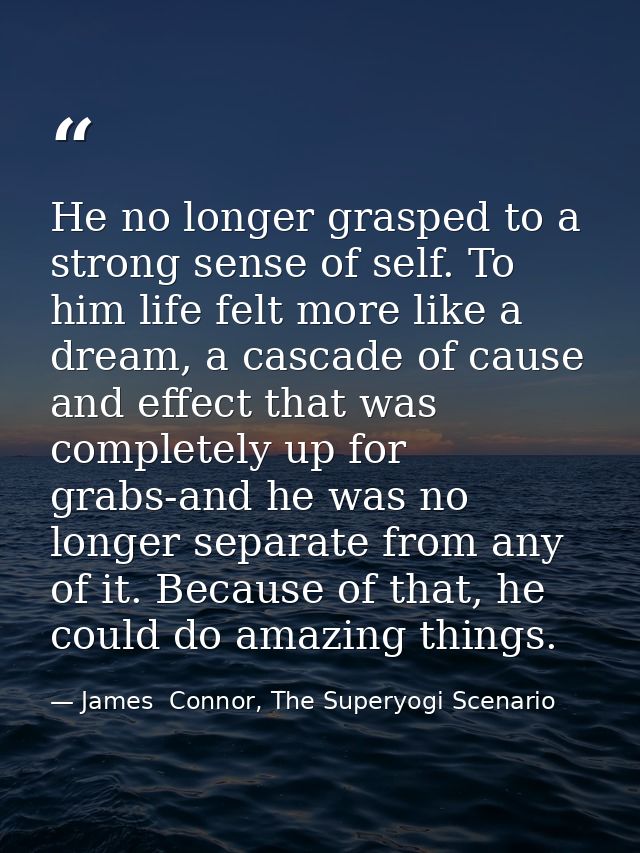 He no longer grasped to a strong sense of self. To him life felt more like a dream, a cascade of cause and effect that w — James  Connor, The Superyogi Scenario