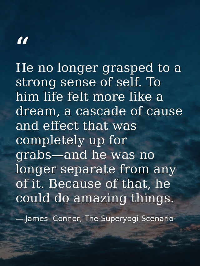 He no longer grasped to a strong sense of self. To him life felt more like a dream, a cascade of cause and effect that w — James  Connor, The Superyogi Scenario