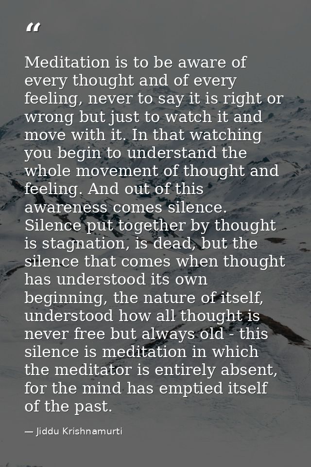 Meditation is to be aware of every thought and of every feeling, never to say it is right or wrong but just to watch it  — Jiddu Krishnamurti