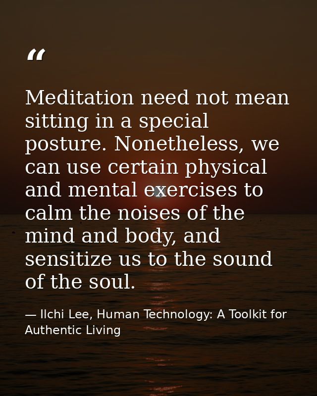 Meditation need not mean sitting in a special posture. Nonetheless, we can use certain physical and mental exercises to  — Ilchi Lee, Human Technology: A Toolkit for Authentic Living