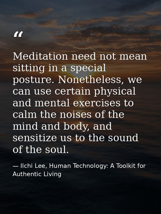 Meditation need not mean sitting in a special posture. Nonetheless, we can use certain physical and mental exercises to  — Ilchi Lee, Human Technology: A Toolkit for Authentic Living