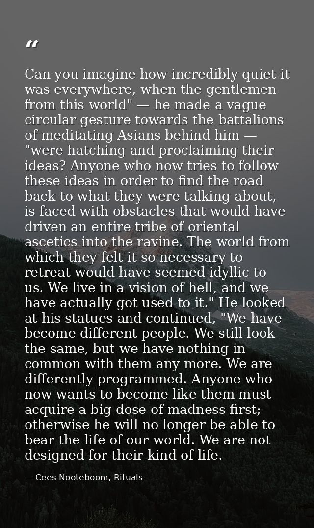 Can you imagine how incredibly quiet it was everywhere, when the gentlemen from this world" — he made a vague circular g — Cees Nooteboom, Rituals