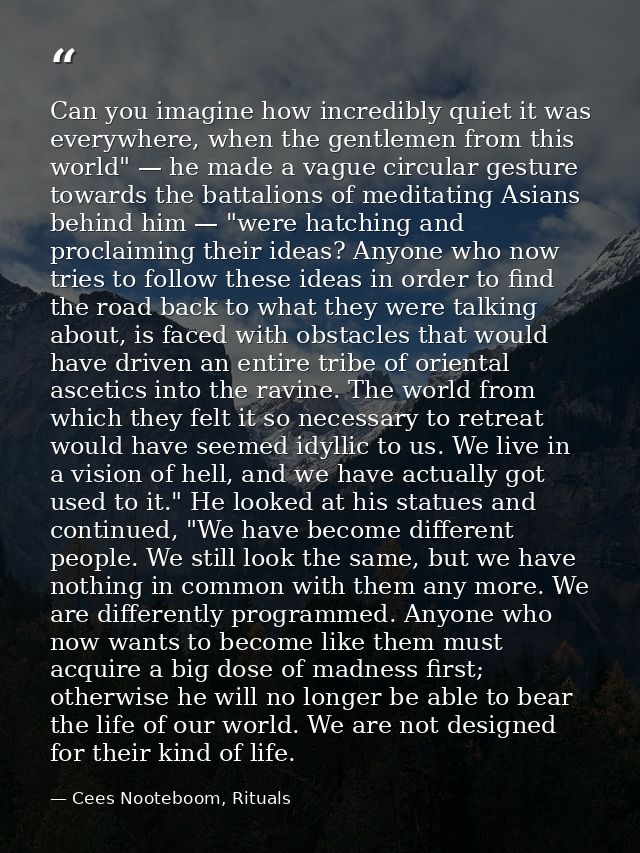 Can you imagine how incredibly quiet it was everywhere, when the gentlemen from this world" — he made a vague circular g — Cees Nooteboom, Rituals