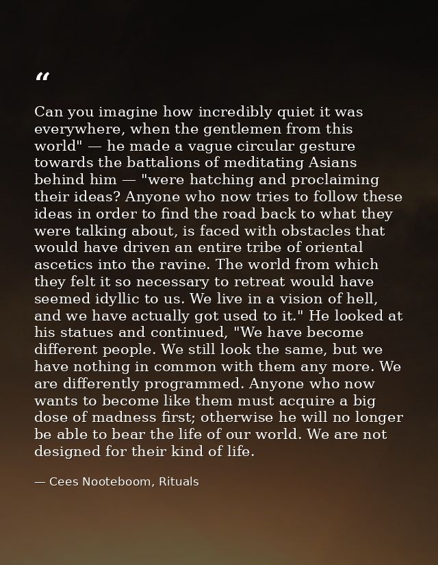 Can you imagine how incredibly quiet it was everywhere, when the gentlemen from this world" — he made a vague circular g — Cees Nooteboom, Rituals