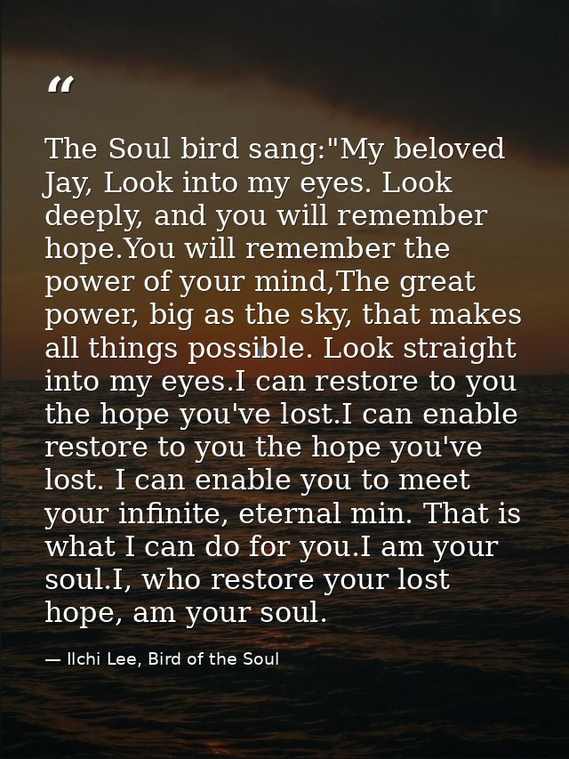 The Soul bird sang:"My beloved Jay, Look into my eyes. Look deeply, and you will remember hope.You will remember the pow — Ilchi Lee, Bird of the Soul