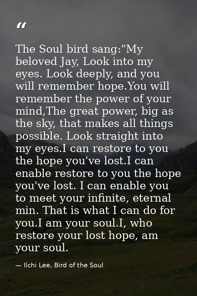 The Soul bird sang:"My beloved Jay, Look into my eyes. Look deeply, and you will remember hope.You will remember the pow — Ilchi Lee, Bird of the Soul