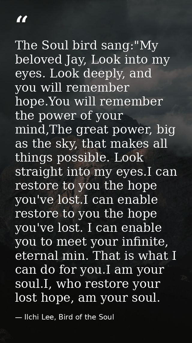 The Soul bird sang:"My beloved Jay, Look into my eyes. Look deeply, and you will remember hope.You will remember the pow — Ilchi Lee, Bird of the Soul
