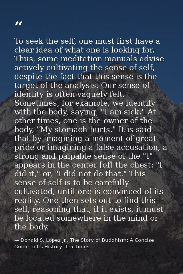To seek the self, one must first have a clear idea of what one is looking for. Thus, some meditation manuals advise acti — Donald S. Lopez Jr., The Story of Buddhism: A Concise Guide to Its History  Teachings