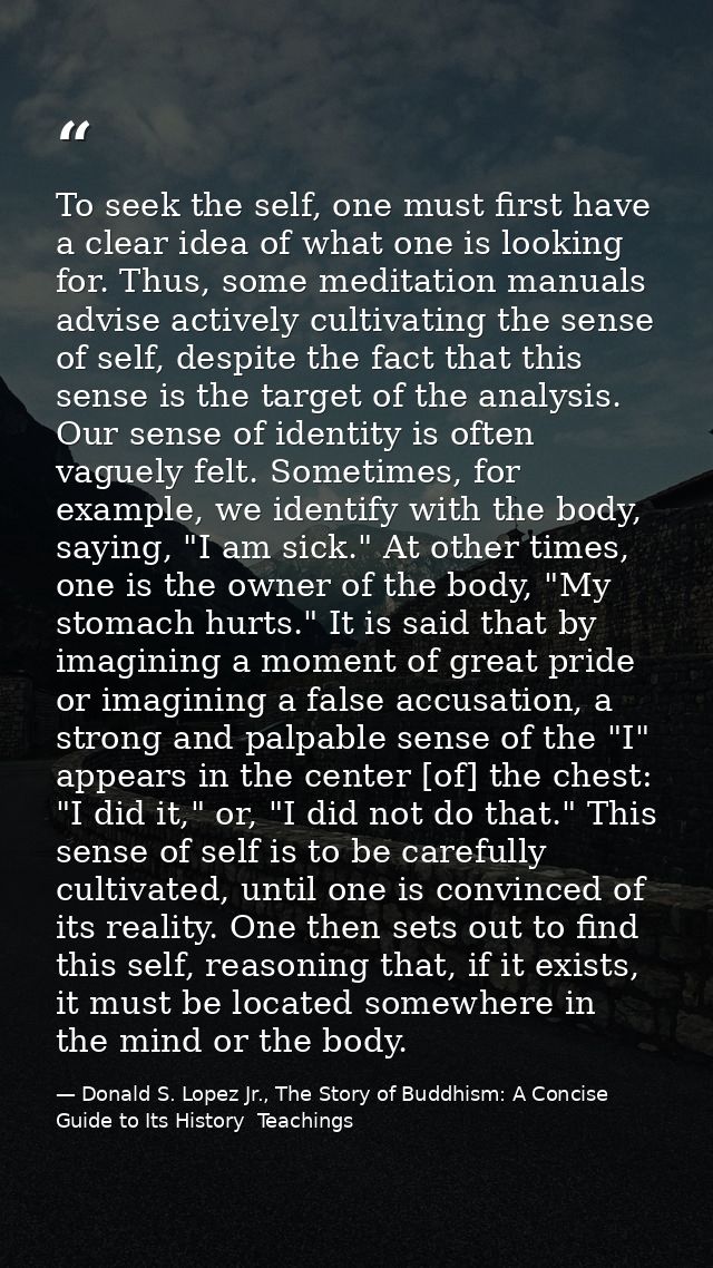 To seek the self, one must first have a clear idea of what one is looking for. Thus, some meditation manuals advise acti — Donald S. Lopez Jr., The Story of Buddhism: A Concise Guide to Its History  Teachings