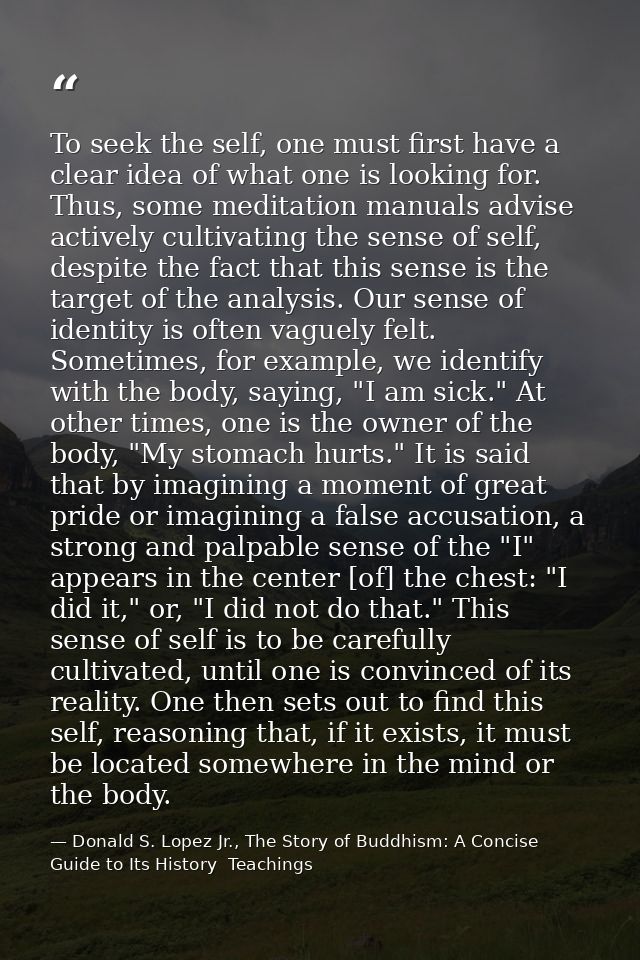 To seek the self, one must first have a clear idea of what one is looking for. Thus, some meditation manuals advise acti — Donald S. Lopez Jr., The Story of Buddhism: A Concise Guide to Its History  Teachings
