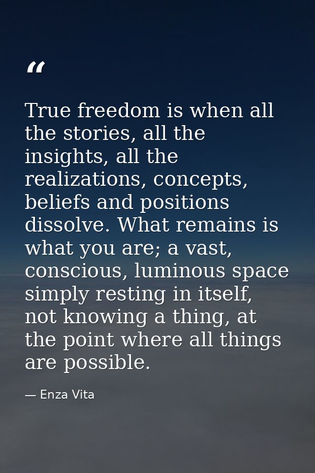 True freedom is when all the stories, all the insights, all the realizations, concepts, beliefs and positions dissolve.  — Enza Vita