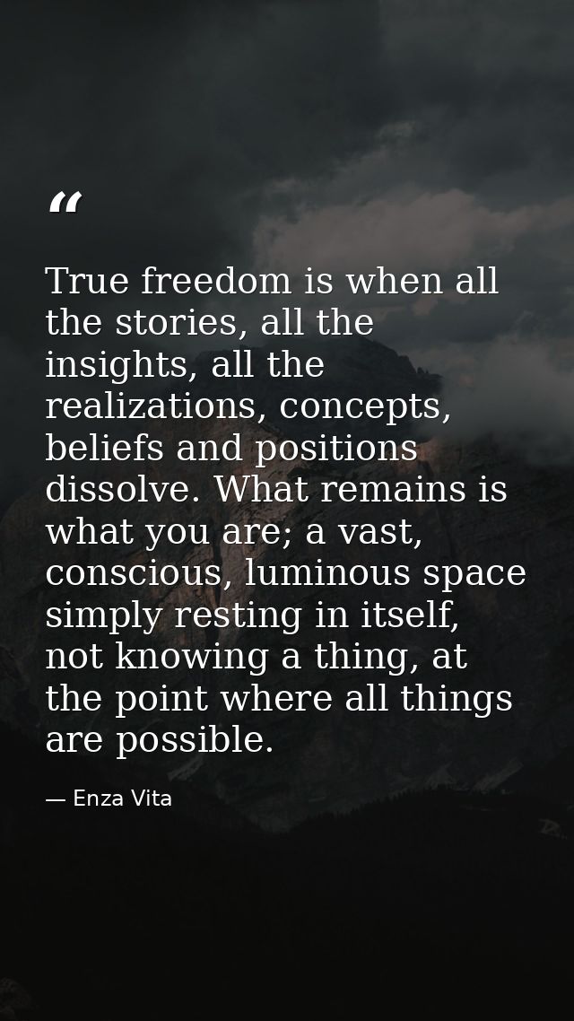 True freedom is when all the stories, all the insights, all the realizations, concepts, beliefs and positions dissolve.  — Enza Vita
