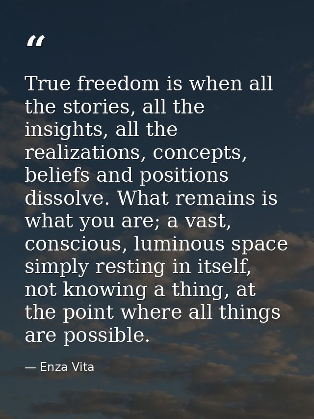True freedom is when all the stories, all the insights, all the realizations, concepts, beliefs and positions dissolve.  — Enza Vita