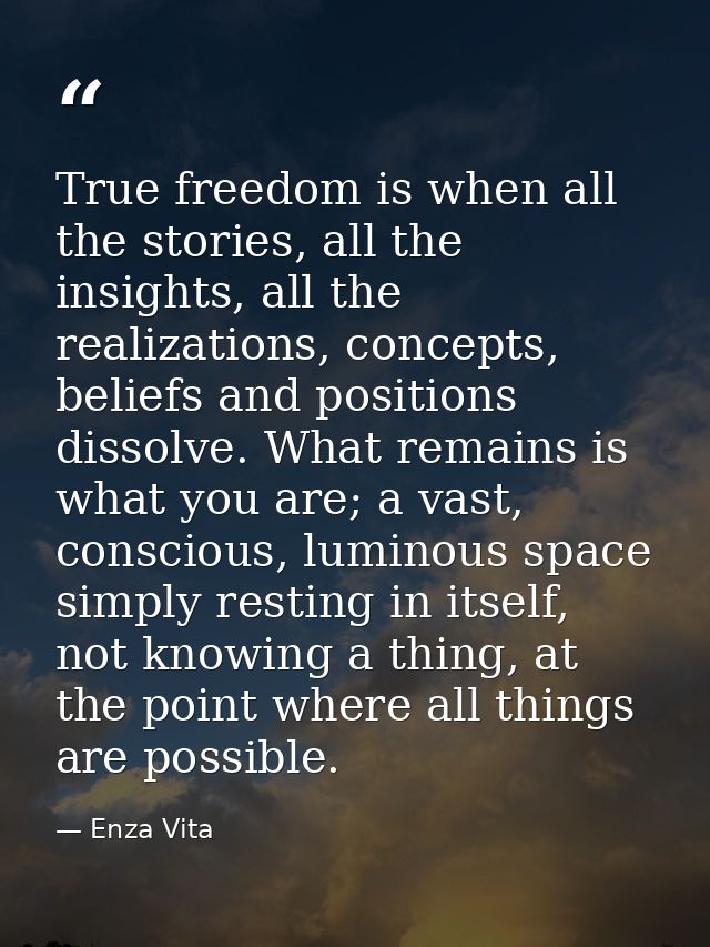 True freedom is when all the stories, all the insights, all the realizations, concepts, beliefs and positions dissolve.  — Enza Vita