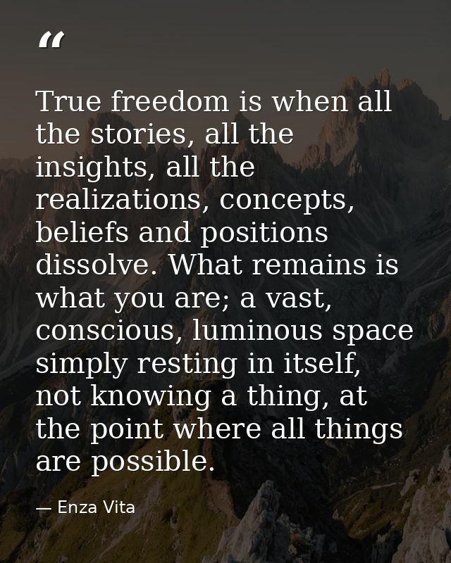 True freedom is when all the stories, all the insights, all the realizations, concepts, beliefs and positions dissolve.  — Enza Vita
