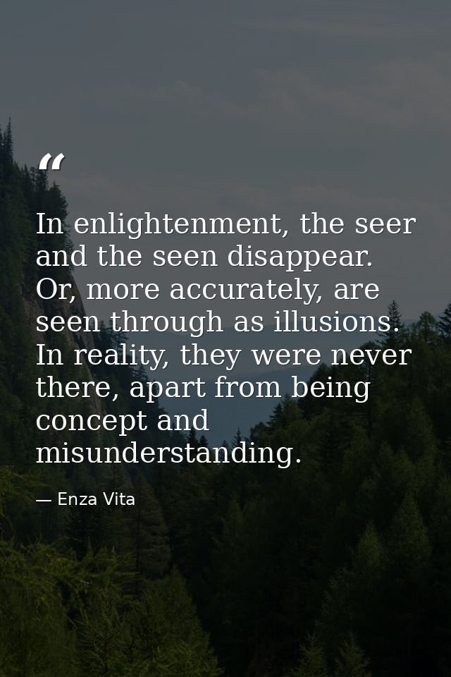 In enlightenment, the seer and the seen disappear. Or, more accurately, are seen through as illusions. In reality, they  — Enza Vita
