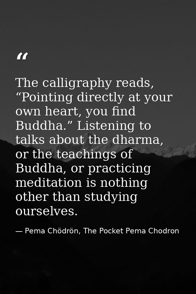 The calligraphy reads, “Pointing directly at your own heart, you find Buddha.” Listening to talks about the dharma, or t — Pema Chödrön, The Pocket Pema Chodron