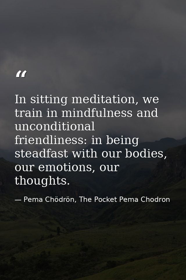 In sitting meditation, we train in mindfulness and unconditional friendliness: in being steadfast with our bodies, our e — Pema Chödrön, The Pocket Pema Chodron