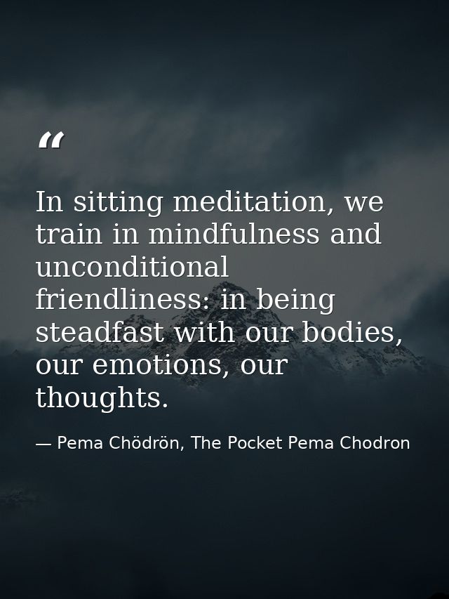 In sitting meditation, we train in mindfulness and unconditional friendliness: in being steadfast with our bodies, our e — Pema Chödrön, The Pocket Pema Chodron