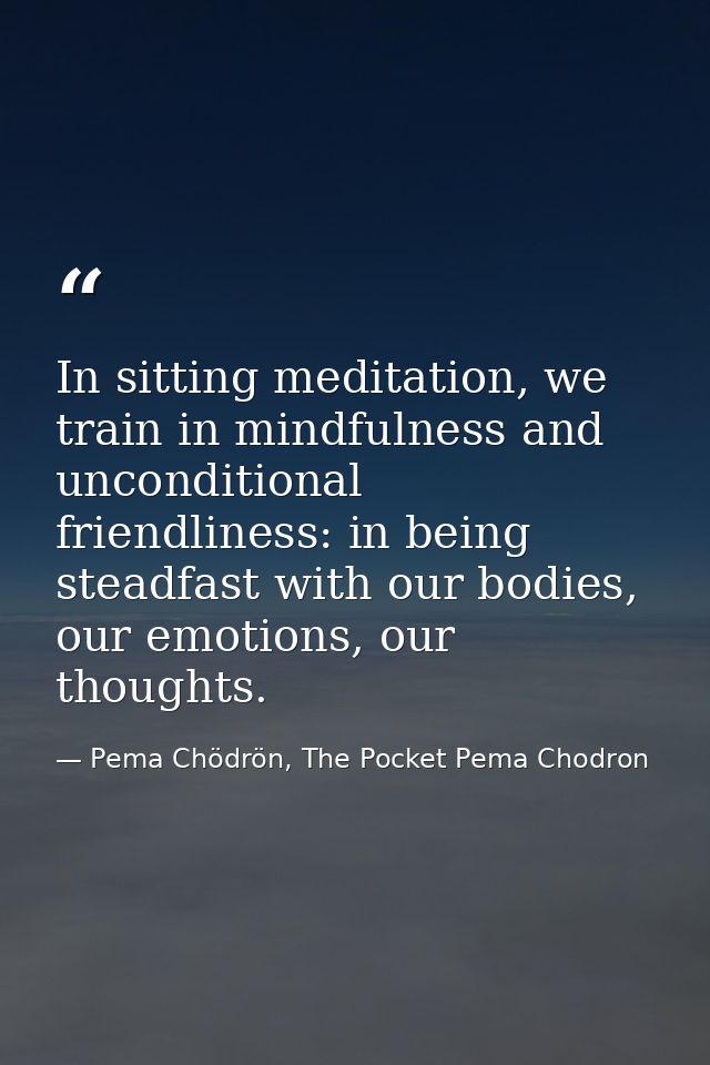 In sitting meditation, we train in mindfulness and unconditional friendliness: in being steadfast with our bodies, our e — Pema Chödrön, The Pocket Pema Chodron