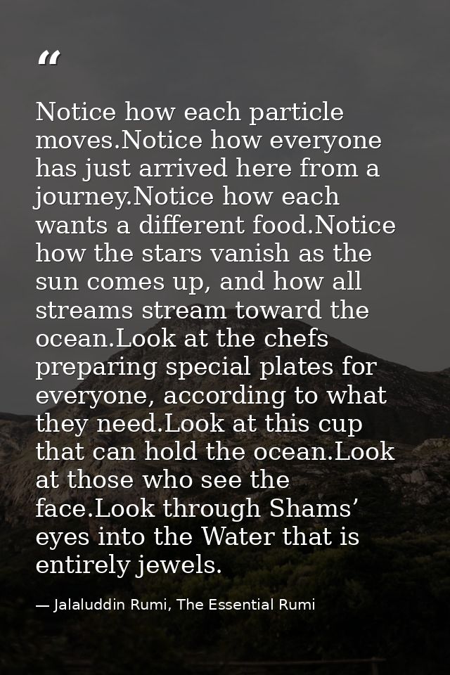 Notice how each particle moves.Notice how everyone has just arrived here from a journey.Notice how each wants a differen — Jalaluddin Rumi, The Essential Rumi