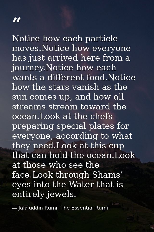 Notice how each particle moves.Notice how everyone has just arrived here from a journey.Notice how each wants a differen — Jalaluddin Rumi, The Essential Rumi