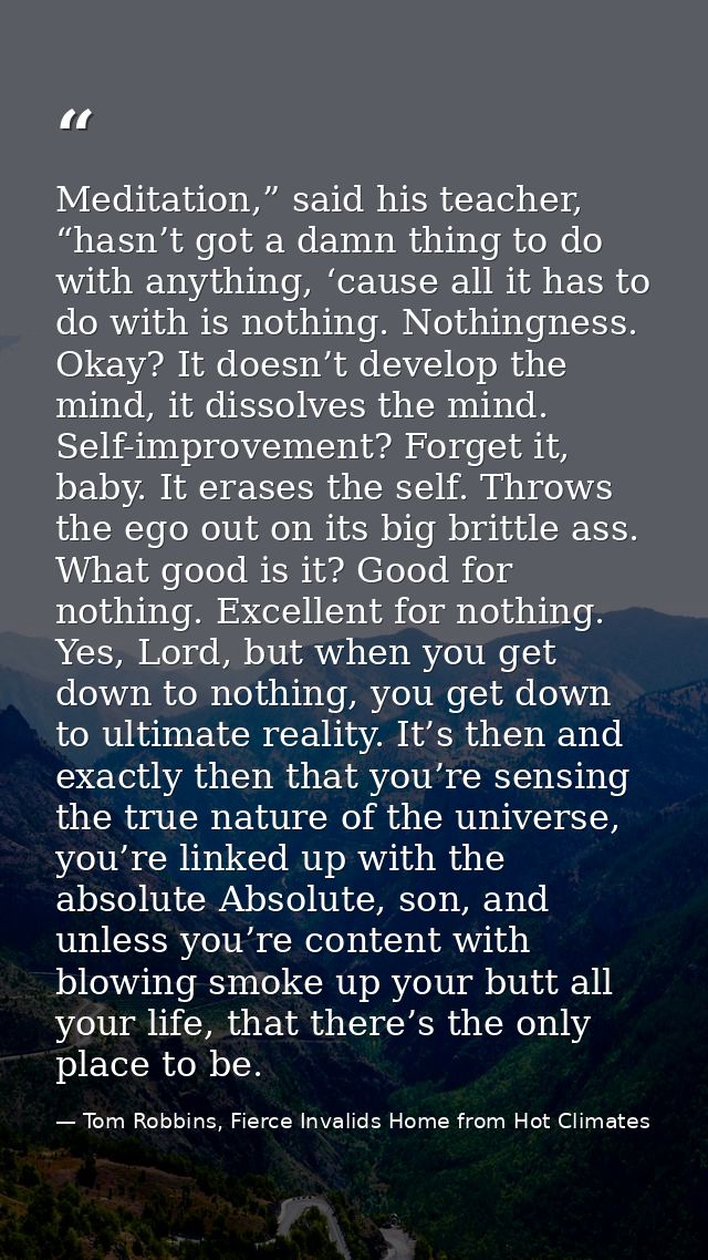 Meditation,” said his teacher, “hasn’t got a damn thing to do with anything, ‘cause all it has to do with is nothing. No — Tom Robbins, Fierce Invalids Home from Hot Climates